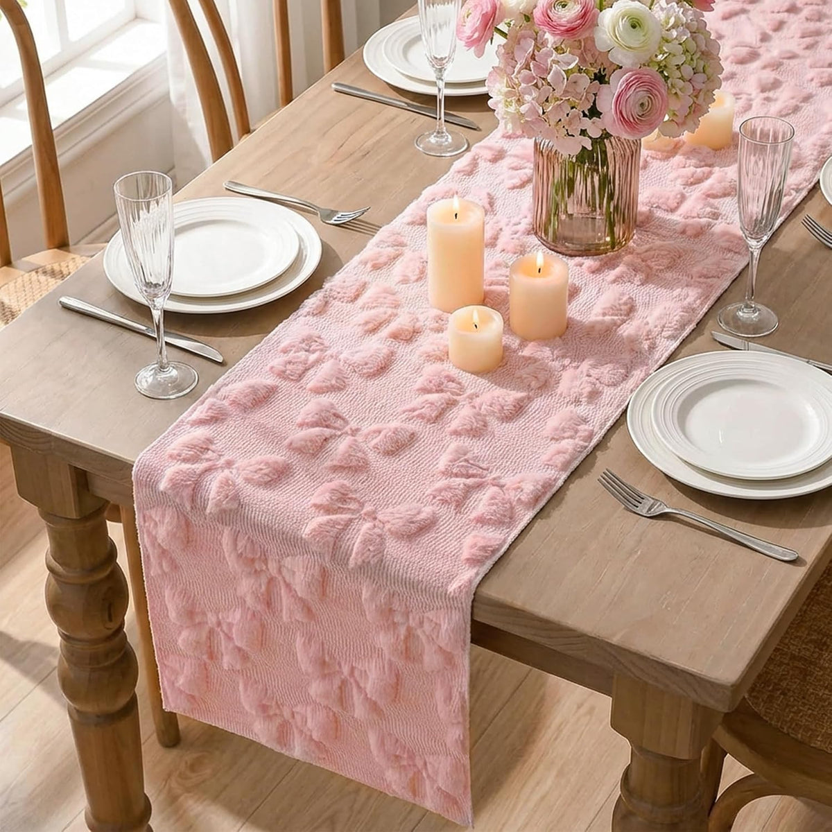 Pink Bow Table Runner Soft Plush Tufted Faux Fur Jacquard Embroidery Spring Table Runner for Dining Table Spring Decorations for Home Kitchen Decoration Party Decor 13x72 Inch
