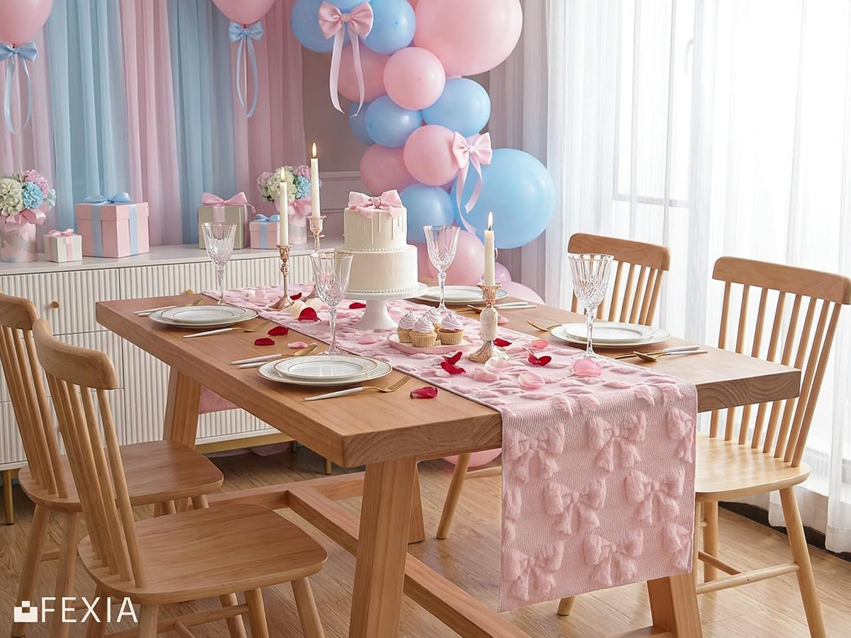 Pink Bow Table Runner Soft Plush Tufted Faux Fur Jacquard Embroidery Spring Table Runner for Dining Table Spring Decorations for Home Kitchen Decoration Party Decor 13x72 Inch