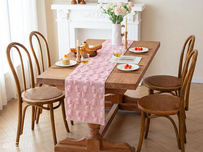 Pink Bow Table Runner Soft Plush Tufted Faux Fur Jacquard Embroidery Spring Table Runner for Dining Table Spring Decorations for Home Kitchen Decoration Party Decor 13x72 Inch