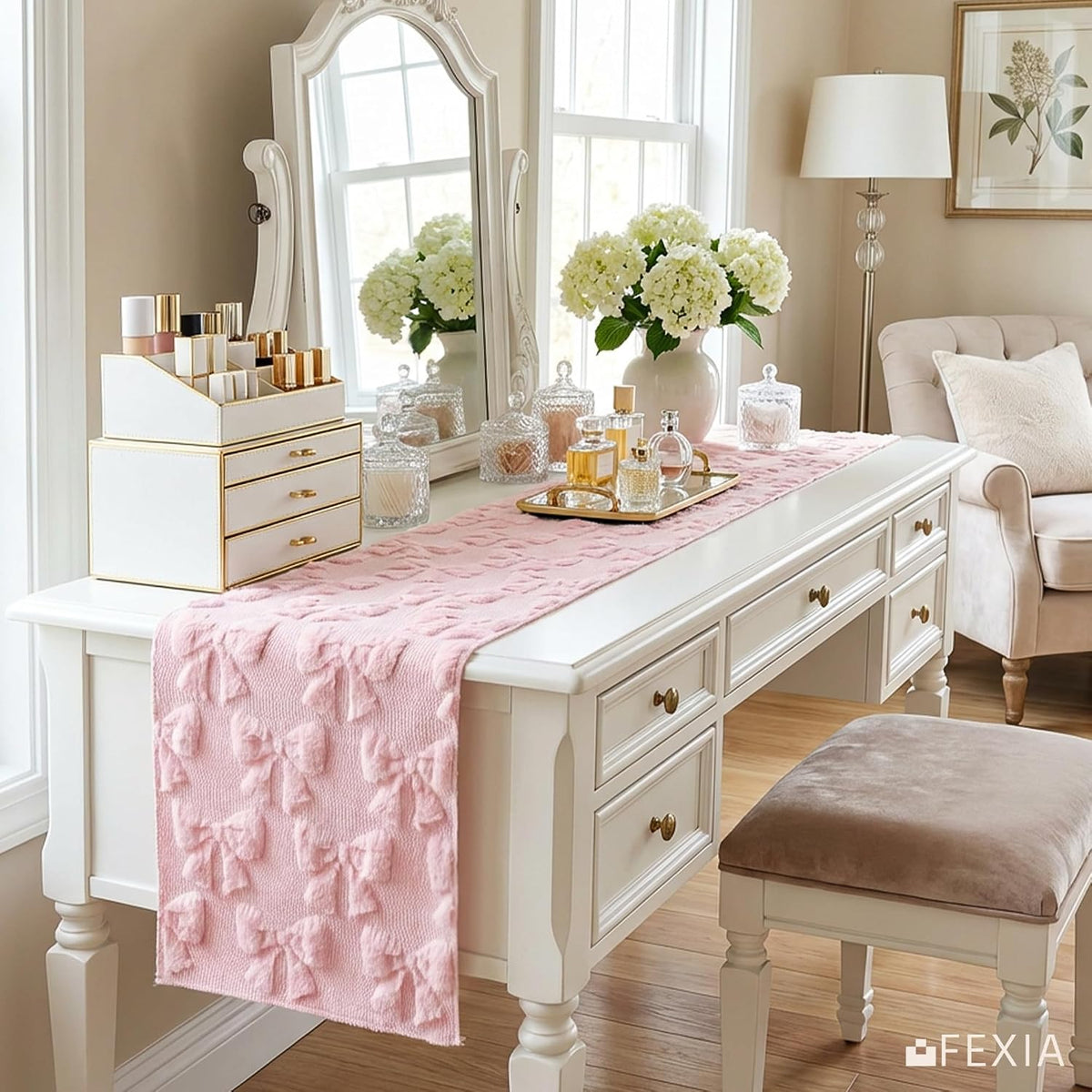 Pink Bow Table Runner Soft Plush Tufted Faux Fur Jacquard Embroidery Spring Table Runner for Dining Table Spring Decorations for Home Kitchen Decoration Party Decor 13x72 Inch