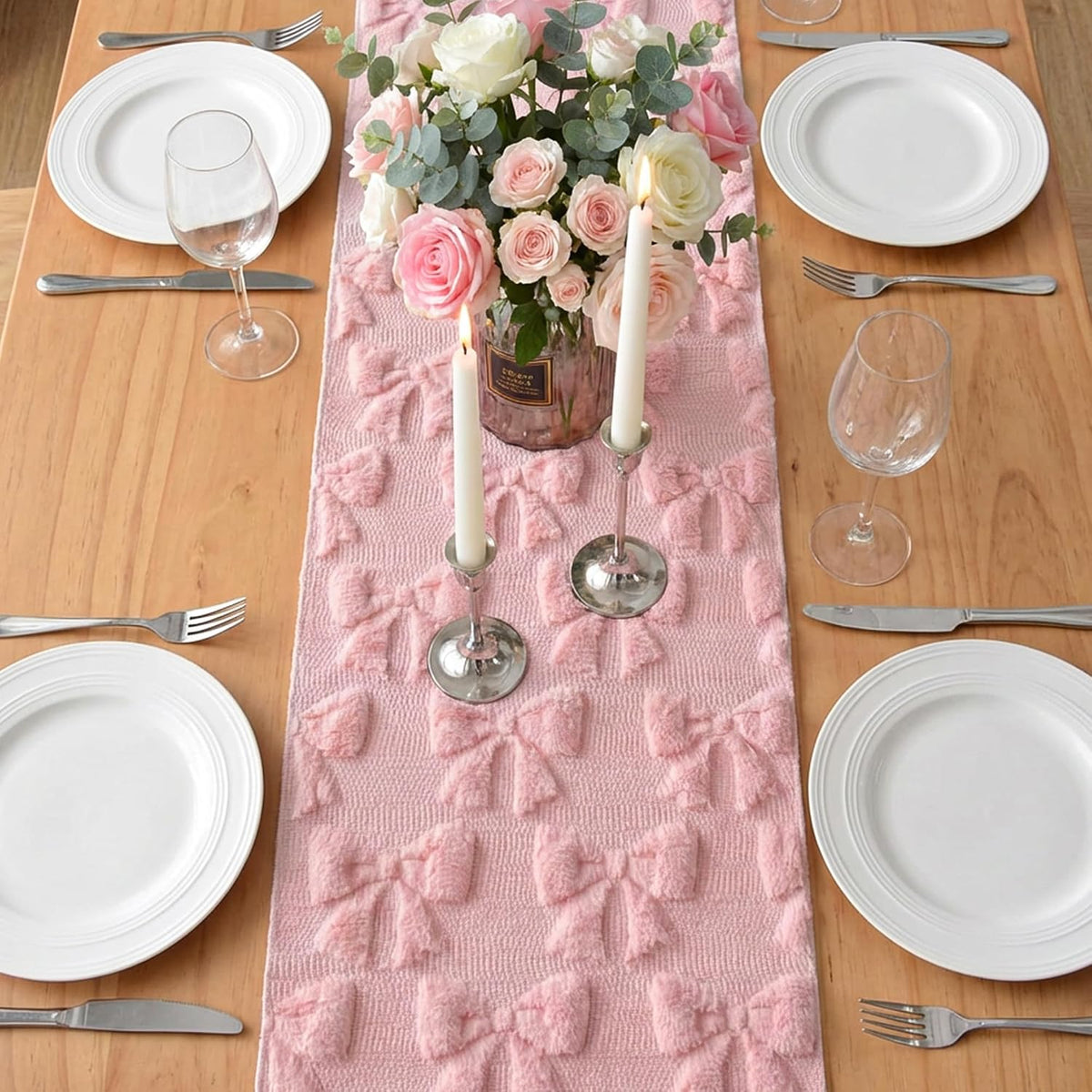 Pink Bow Table Runner Soft Plush Tufted Faux Fur Jacquard Embroidery Spring Table Runner for Dining Table Spring Decorations for Home Kitchen Decoration Party Decor 13x72 Inch