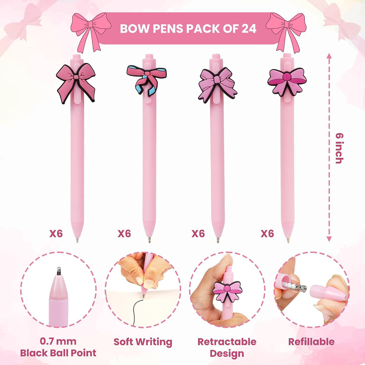 24Pcs Bow Pens Coquette Pink Retractable Writing Pen Bulk Birthday Bow Party Favor for Baby Shower Bridal Shower Spring Wedding Tea Party Office School Back To School Supplies
