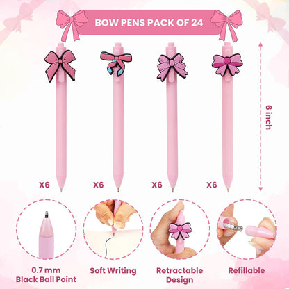 24Pcs Bow Pens Coquette Pink Retractable Writing Pen Bulk Birthday Bow Party Favor for Baby Shower Bridal Shower Spring Wedding Tea Party Office School Back To School Supplies