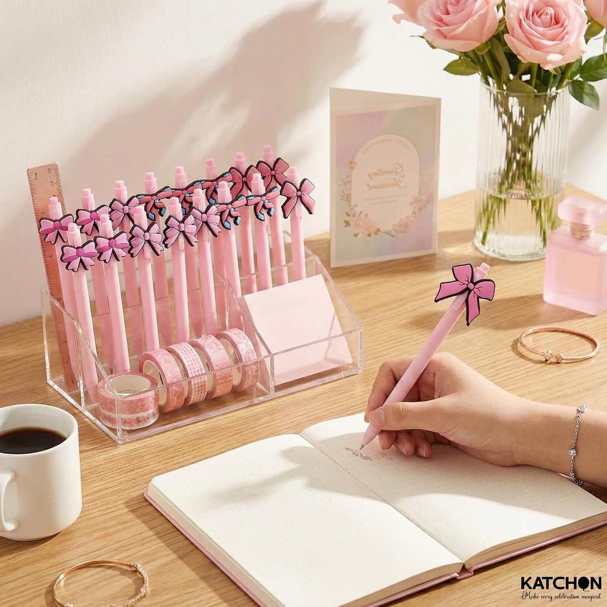 24Pcs Bow Pens Coquette Pink Retractable Writing Pen Bulk Birthday Bow Party Favor for Baby Shower Bridal Shower Spring Wedding Tea Party Office School Back To School Supplies
