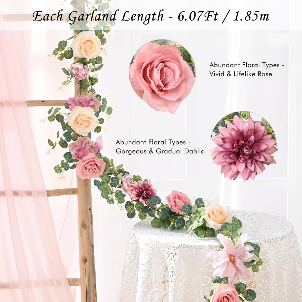 Flower Garland Decorations, 6.07Ft Pink Floral Rose Garland, Artificial Eucalyptus Greenery Vines with Flowers for Wedding Table Runner Centerpieces Backdrop Room Decor (Pink)