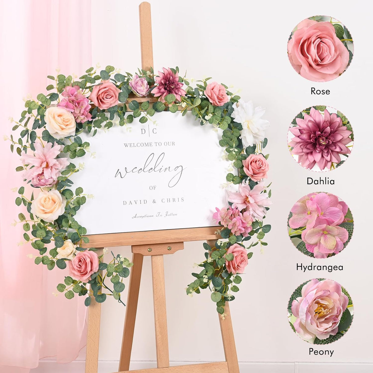 Flower Garland Decorations, 6.07Ft Pink Floral Rose Garland, Artificial Eucalyptus Greenery Vines with Flowers for Wedding Table Runner Centerpieces Backdrop Room Decor (Pink)