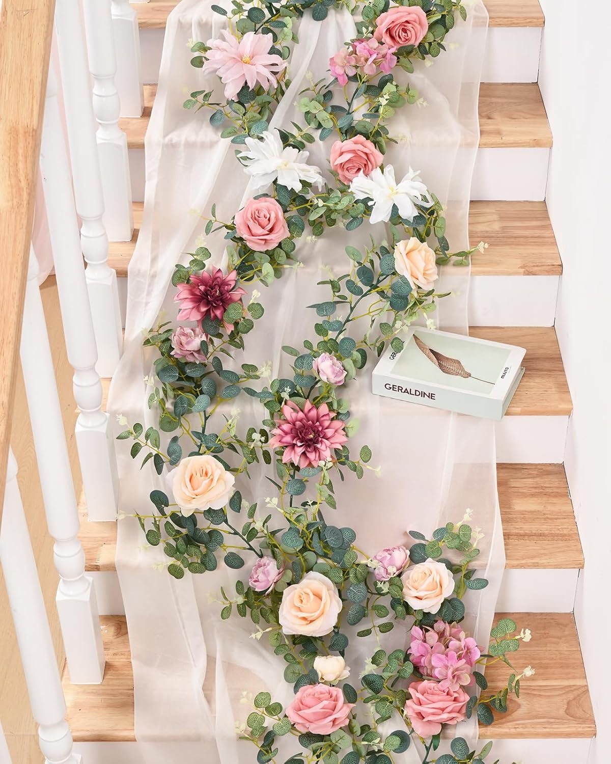 Flower Garland Decorations, 6.07Ft Pink Floral Rose Garland, Artificial Eucalyptus Greenery Vines with Flowers for Wedding Table Runner Centerpieces Backdrop Room Decor (Pink)