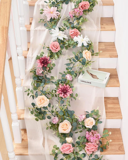 Flower Garland Decorations, 6.07Ft Pink Floral Rose Garland, Artificial Eucalyptus Greenery Vines with Flowers for Wedding Table Runner Centerpieces Backdrop Room Decor (Pink)