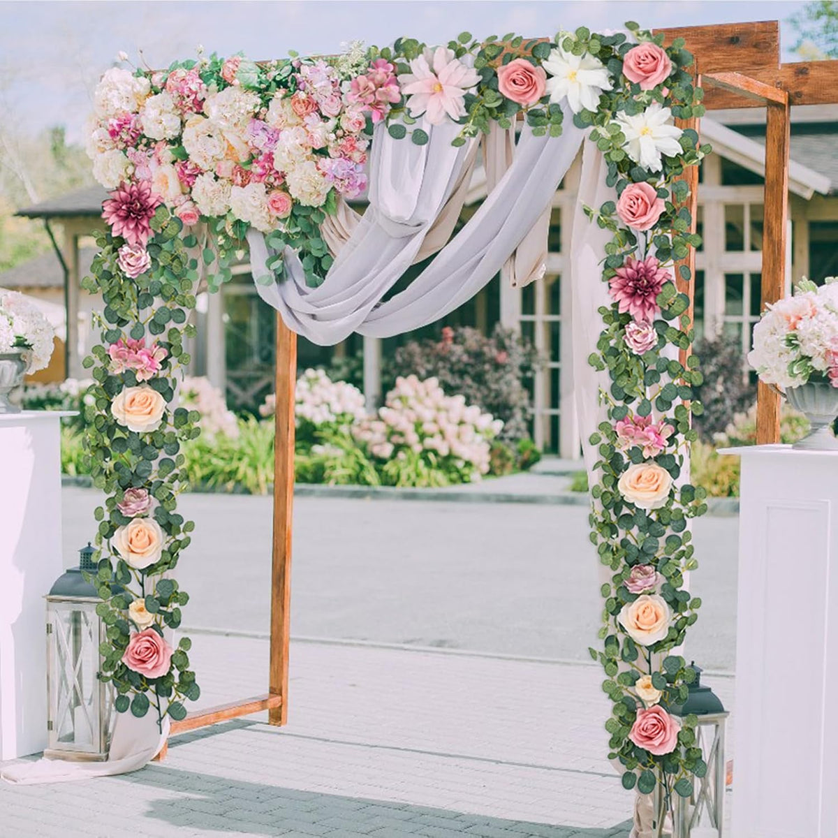 Flower Garland Decorations, 6.07Ft Pink Floral Rose Garland, Artificial Eucalyptus Greenery Vines with Flowers for Wedding Table Runner Centerpieces Backdrop Room Decor (Pink)