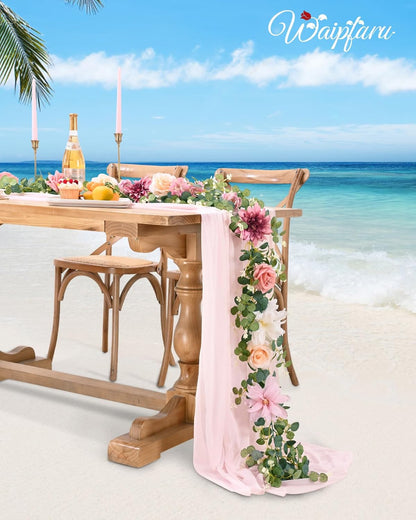 Flower Garland Decorations, 6.07Ft Pink Floral Rose Garland, Artificial Eucalyptus Greenery Vines with Flowers for Wedding Table Runner Centerpieces Backdrop Room Decor (Pink)