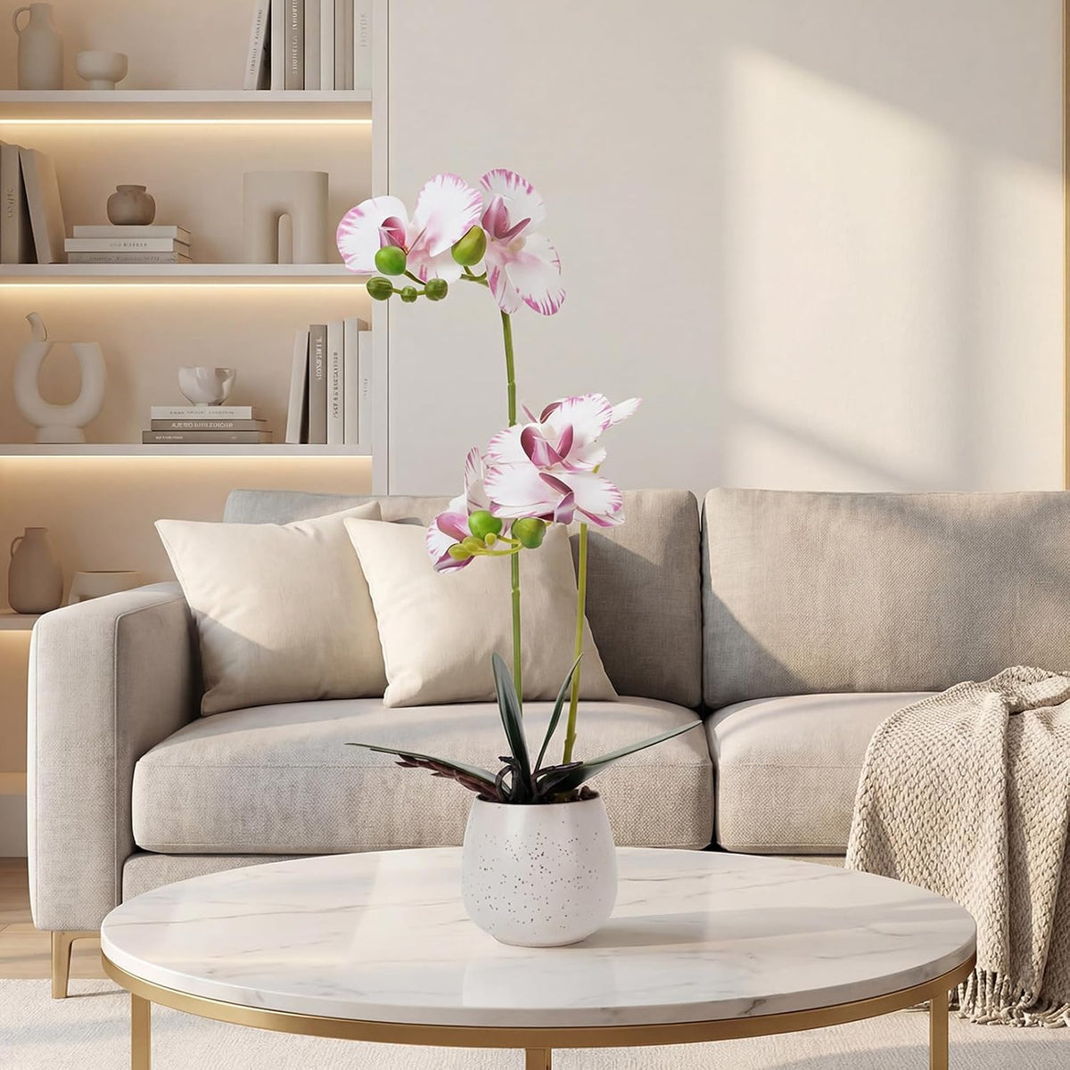 Fake Orchid in Vase Artificial Orchids That Look Real with Pot Artificial Flowers for Home Decor (Pink)