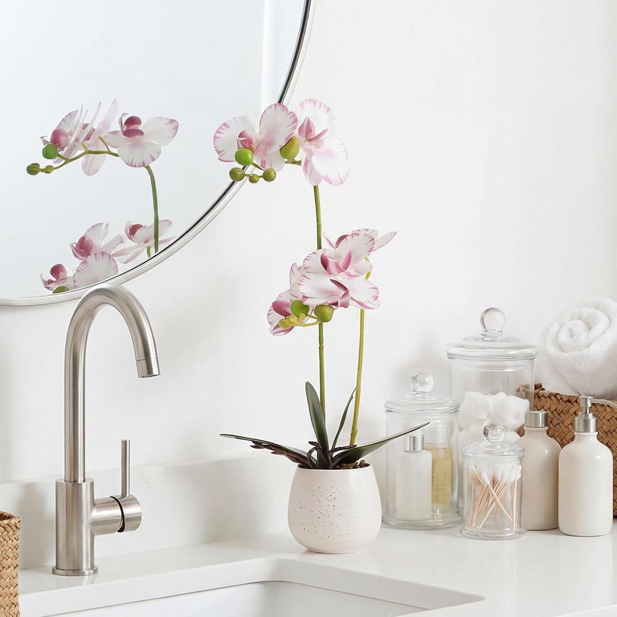 Fake Orchid in Vase Artificial Orchids That Look Real with Pot Artificial Flowers for Home Decor (Pink)