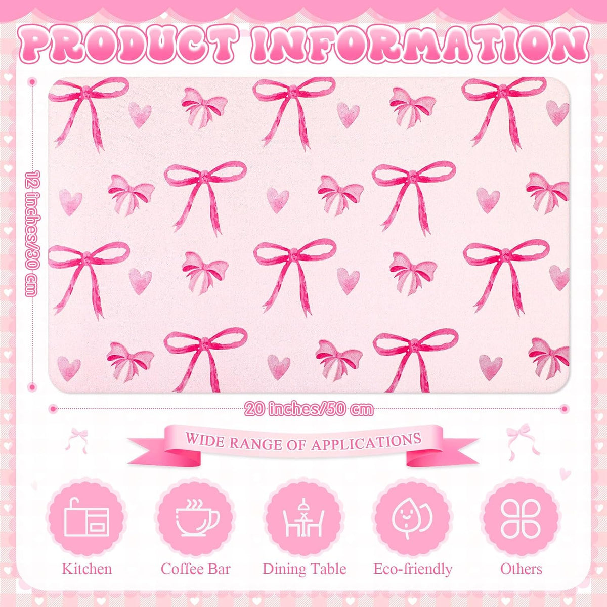 2 Pack Pink Bows Dish Drying Mat, 12" X 19" Absorbent Pad