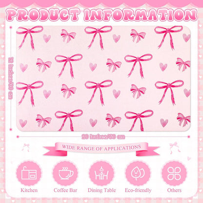 2 Pack Pink Bows Dish Drying Mat, 12" X 19" Absorbent Pad
