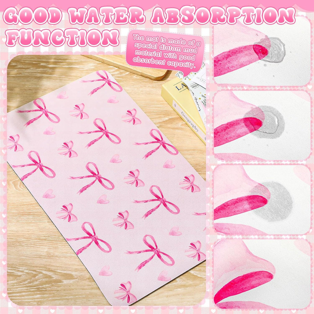 2 Pack Pink Bows Dish Drying Mat, 12" X 19" Absorbent Pad