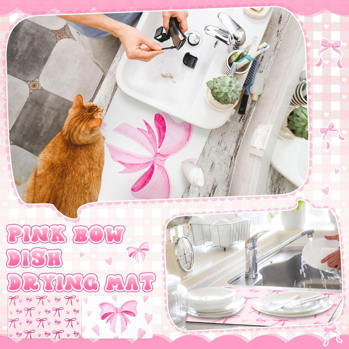 2 Pack Pink Bows Dish Drying Mat, 12" X 19" Absorbent Pad