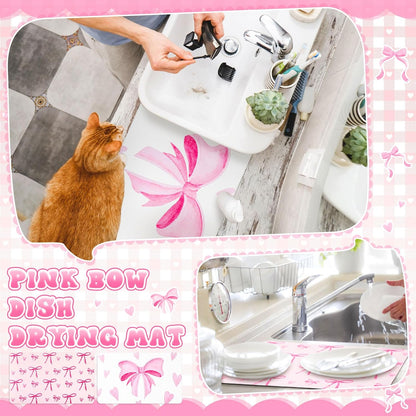 2 Pack Pink Bows Dish Drying Mat, 12" X 19" Absorbent Pad