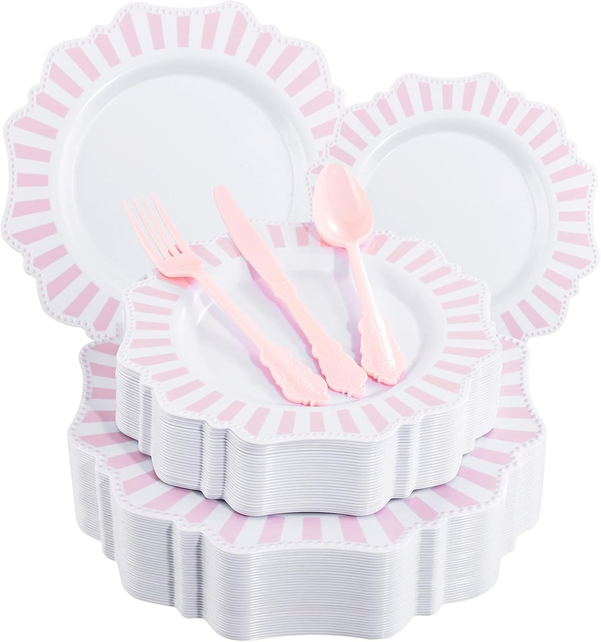 150PCS White Pink Plastic Plates, Party Plates and Cutlery Set.