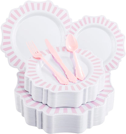 150PCS White Pink Plastic Plates, Party Plates and Cutlery Set.