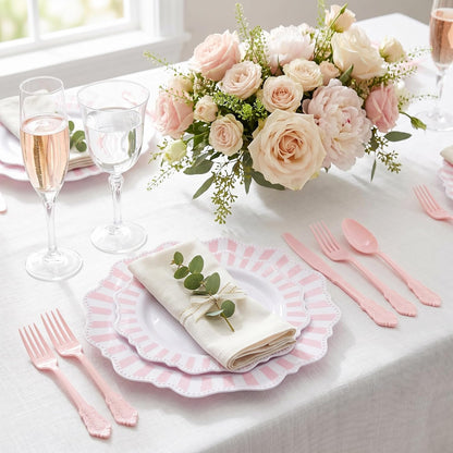 150PCS White Pink Plastic Plates, Party Plates and Cutlery Set.