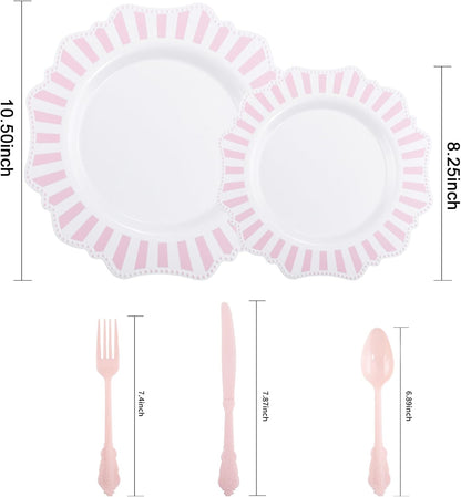 150PCS White Pink Plastic Plates, Party Plates and Cutlery Set.
