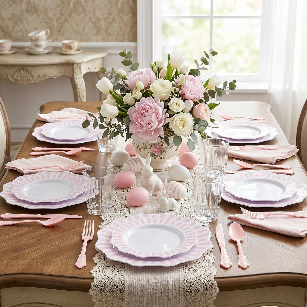 150PCS White Pink Plastic Plates, Party Plates and Cutlery Set.