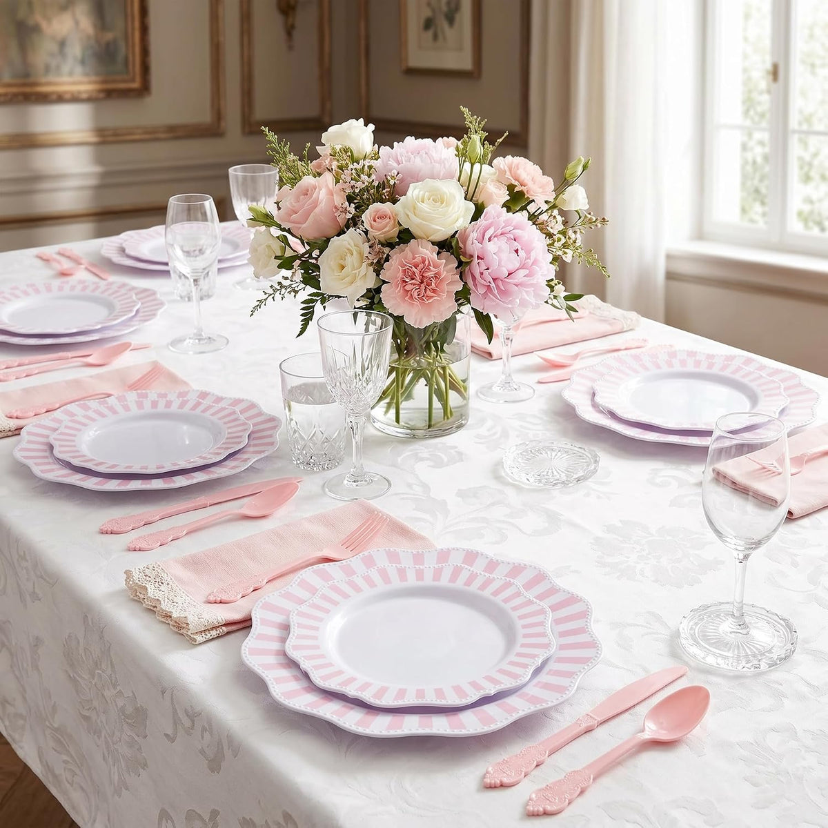 150PCS White Pink Plastic Plates, Party Plates and Cutlery Set.
