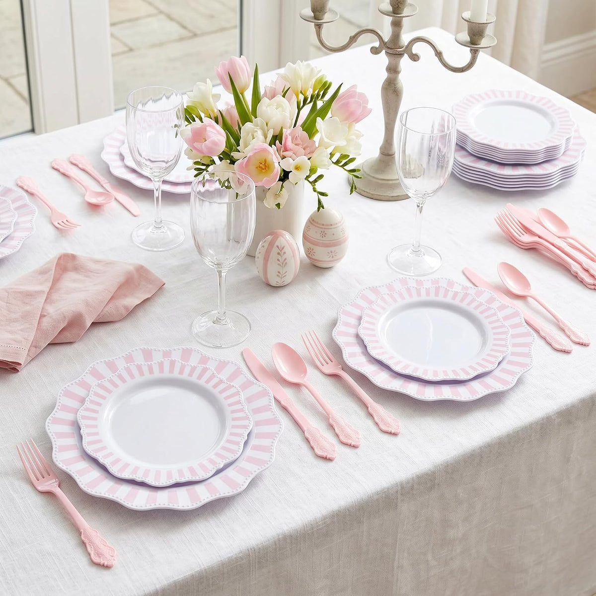 150PCS White Pink Plastic Plates, Party Plates and Cutlery Set.
