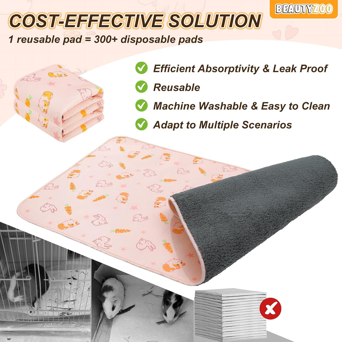 2Pack Washable Reversible Guinea Pig Cage Liners, Fleece Bedding