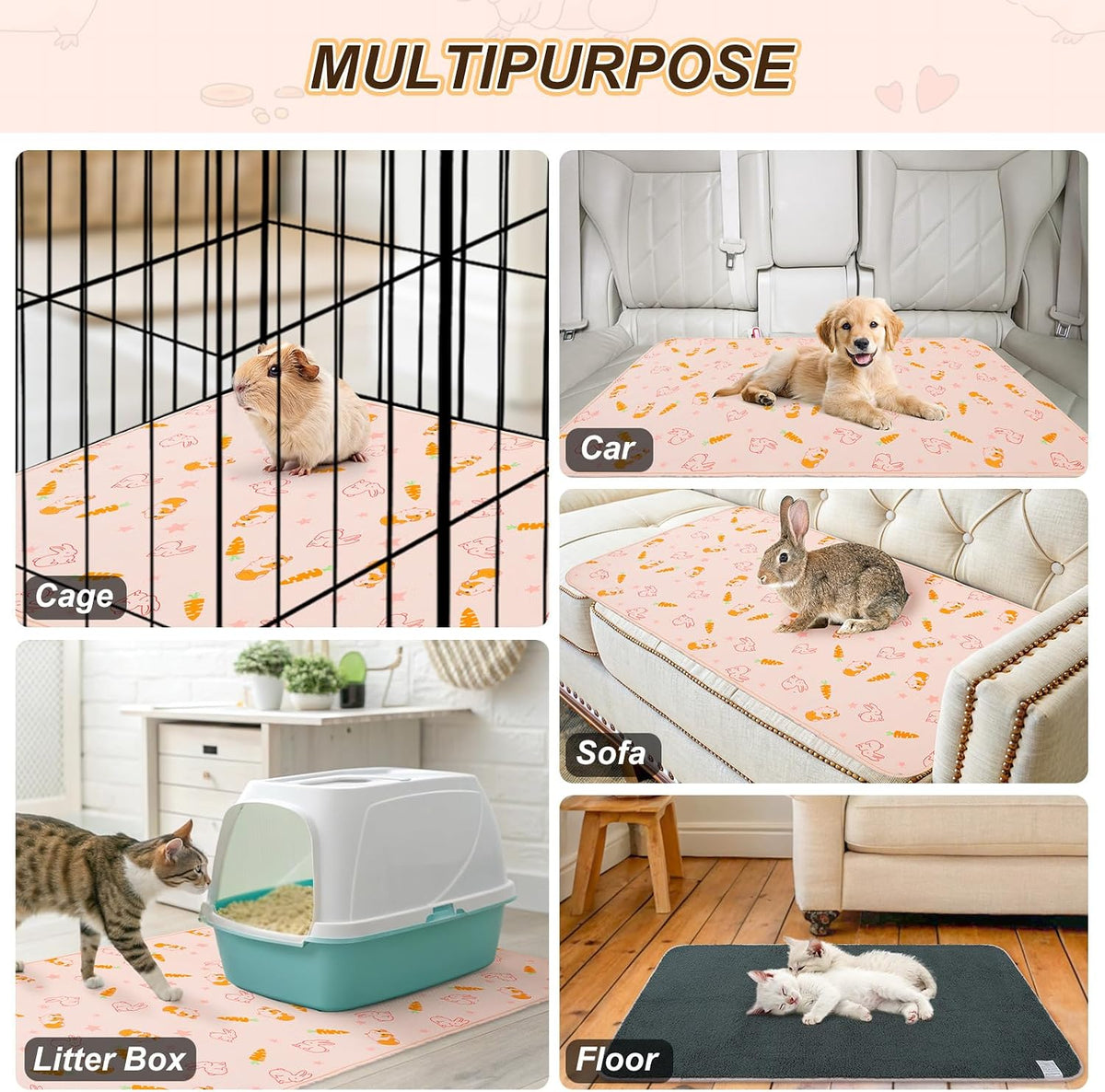 2Pack Washable Reversible Guinea Pig Cage Liners, Fleece Bedding