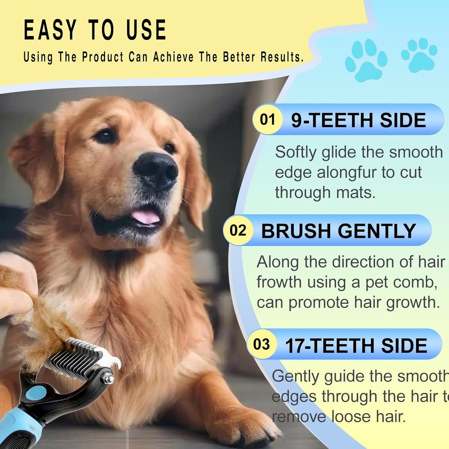 Pet Grooming Rake for Dogs & Cats - Double-Sided Deshedding and Dematting Tool, Gently Remove 95% of Loose Undercoat & Mats for Long-Haired Pets, Painless Fur Brush for Shedding Control (Blue)