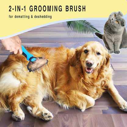 Pet Grooming Rake for Dogs & Cats - Double-Sided Deshedding and Dematting Tool, Gently Remove 95% of Loose Undercoat & Mats for Long-Haired Pets, Painless Fur Brush for Shedding Control (Blue)