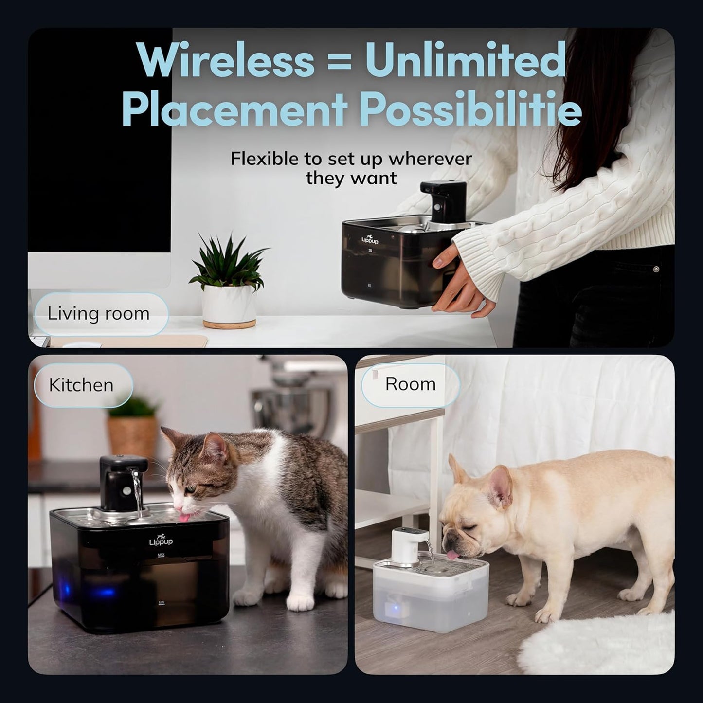 Cat Water Fountain Cordless, 88oz/2.6L Wireless Pet Water Fountain for Cats Indoor, Battery Operated Cat Drinking Fountain with Motion Sensor, Ultra Quiet Pump, BPA-Free, Black