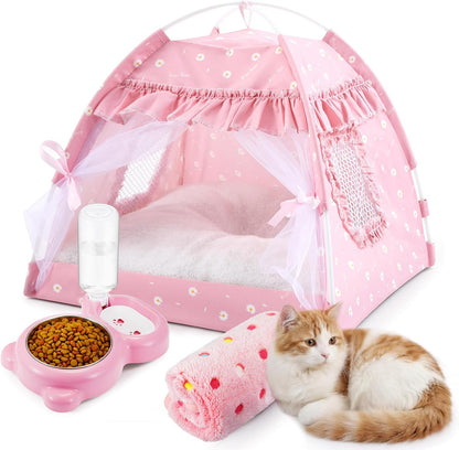 Pink Princess Cat Tent Bed Set for Kittens and Small Dogs, 13.78"