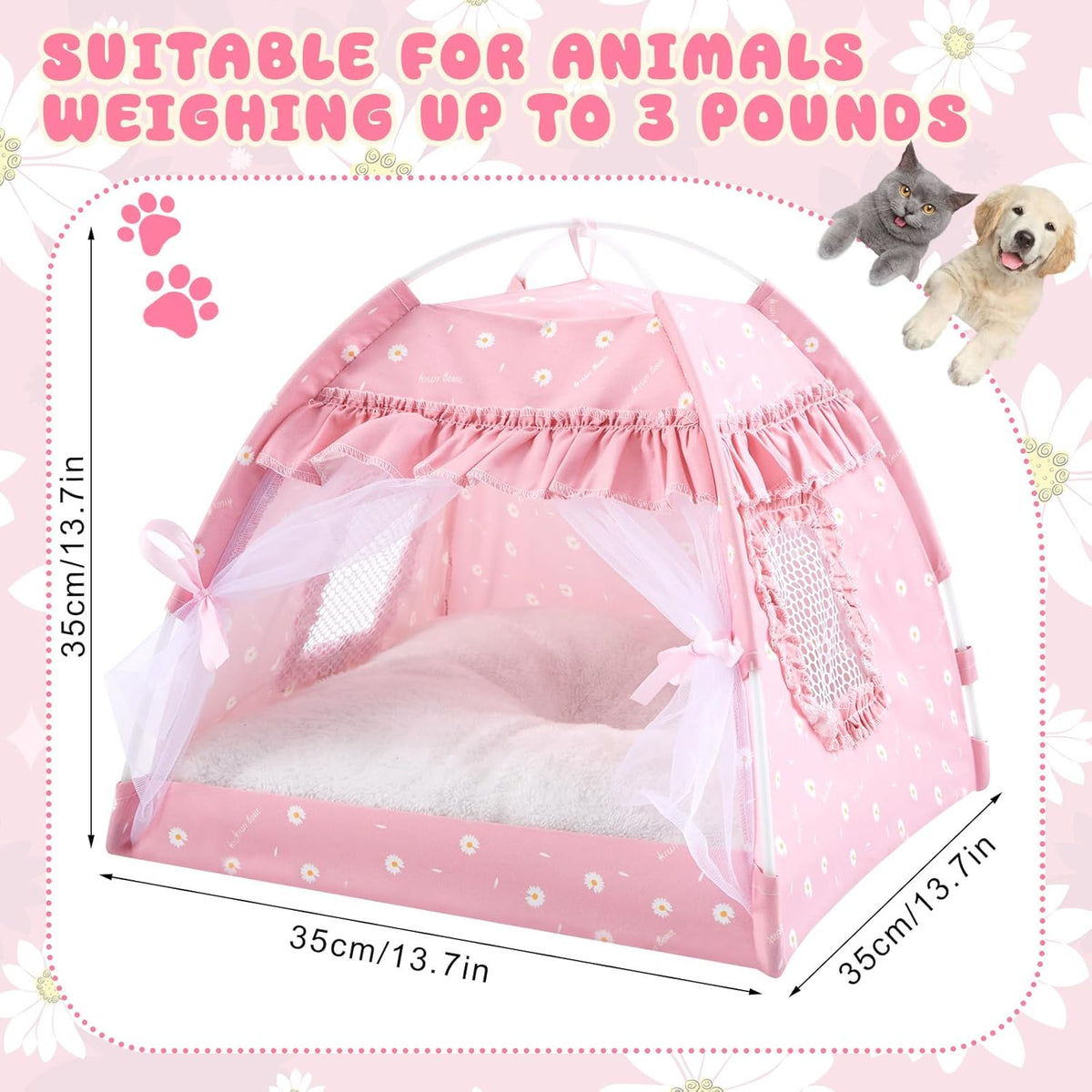 Pink Princess Cat Tent Bed Set for Kittens and Small Dogs, 13.78"