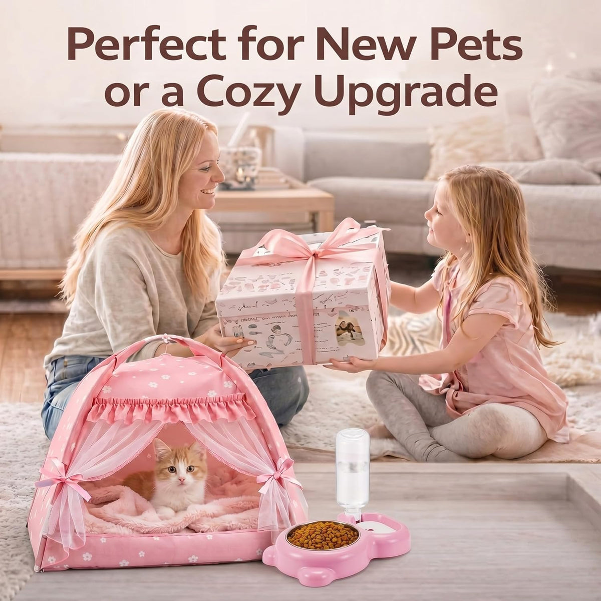 Pink Princess Cat Tent Bed Set for Kittens and Small Dogs, 13.78"