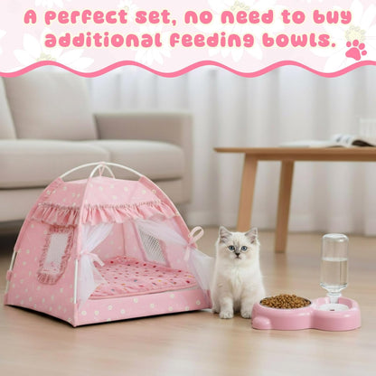 Pink Princess Cat Tent Bed Set for Kittens and Small Dogs, 13.78"