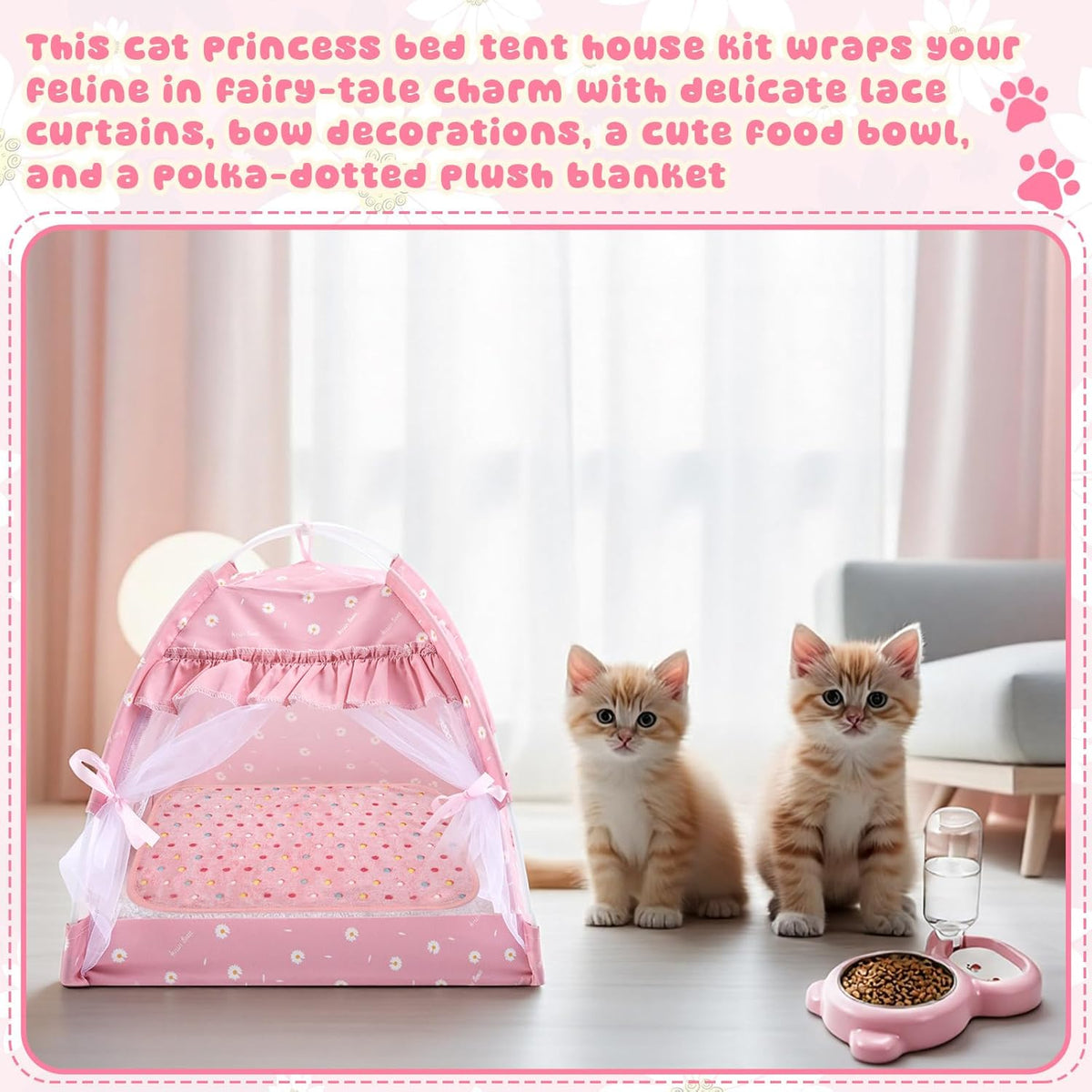 Pink Princess Cat Tent Bed Set for Kittens and Small Dogs, 13.78"