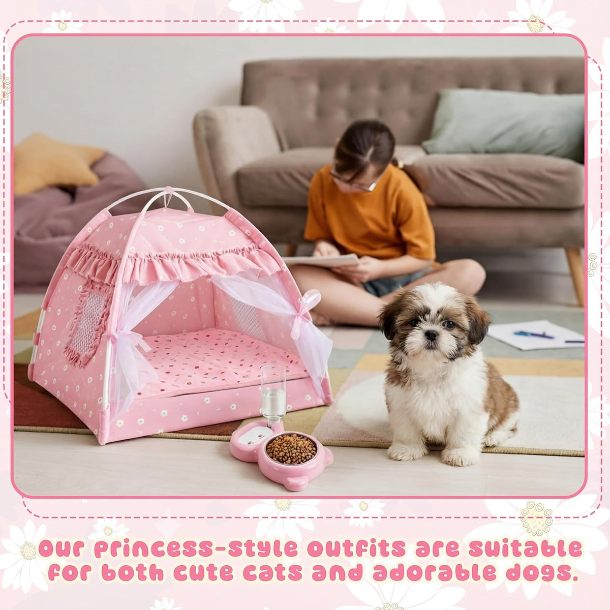 Pink Princess Cat Tent Bed Set for Kittens and Small Dogs, 13.78"
