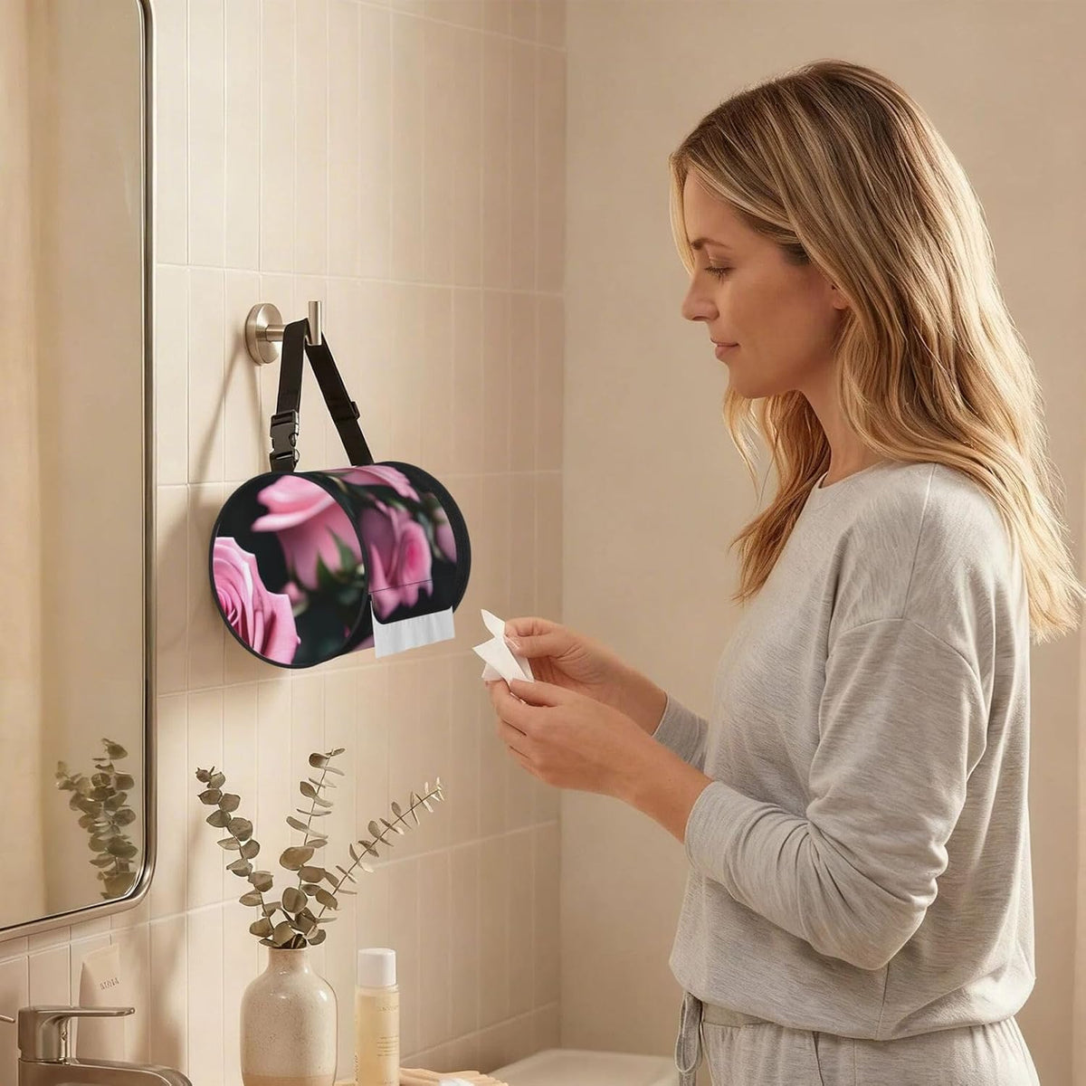 Pink Rose Print Print Cylinder Tissue Box Cover Portable Tissue Holder for Bathroom Car Office Home Indoor Outdoor