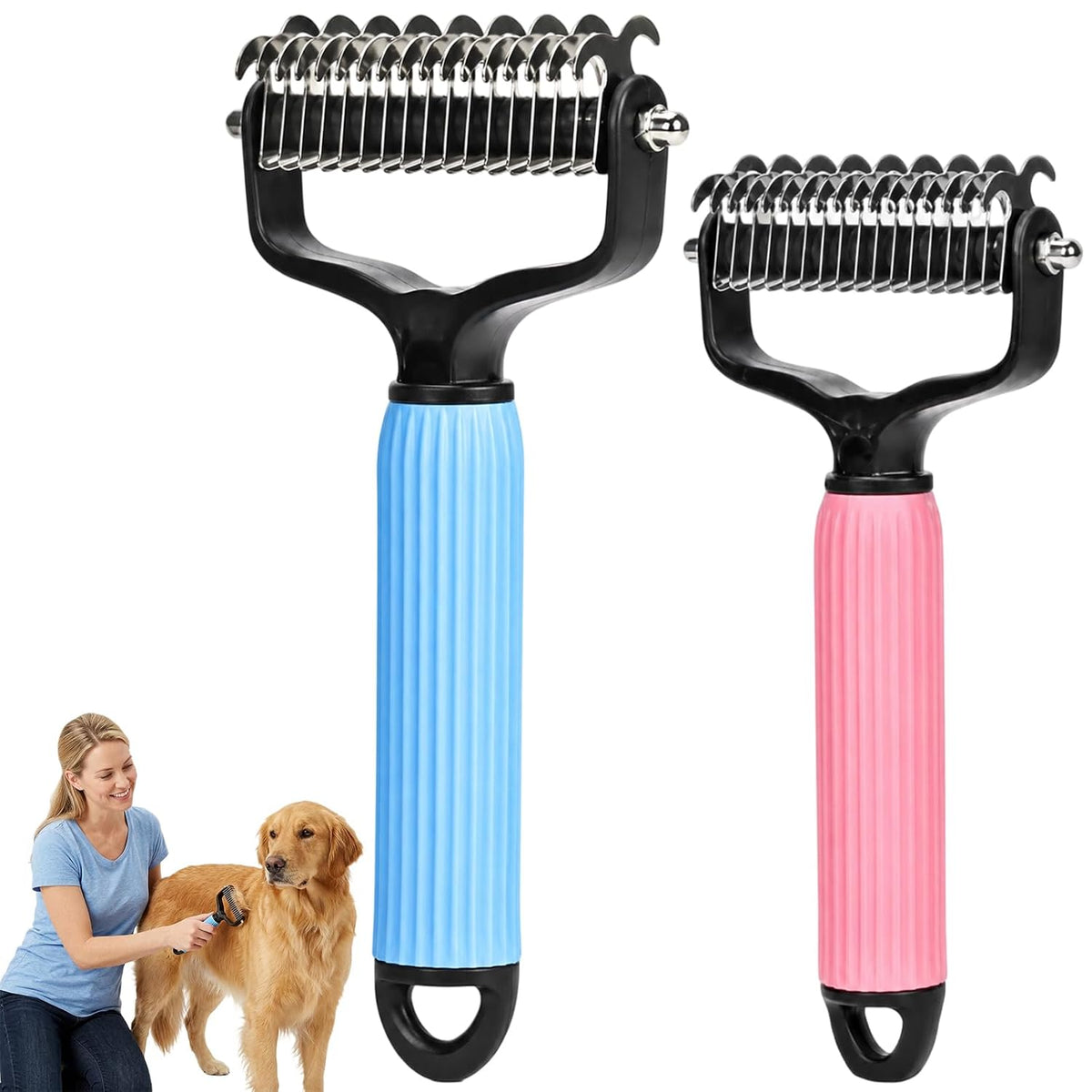 Detangler Brush, Pet Pro Grooming Tool, 2 PCS Blue Large & Pink Small Double Sided Undercoat Rake & Dematting Comb For Dogs And Cats, Dog Grooming Brush for Matted Fur, for Medium Or Long Haired Breed