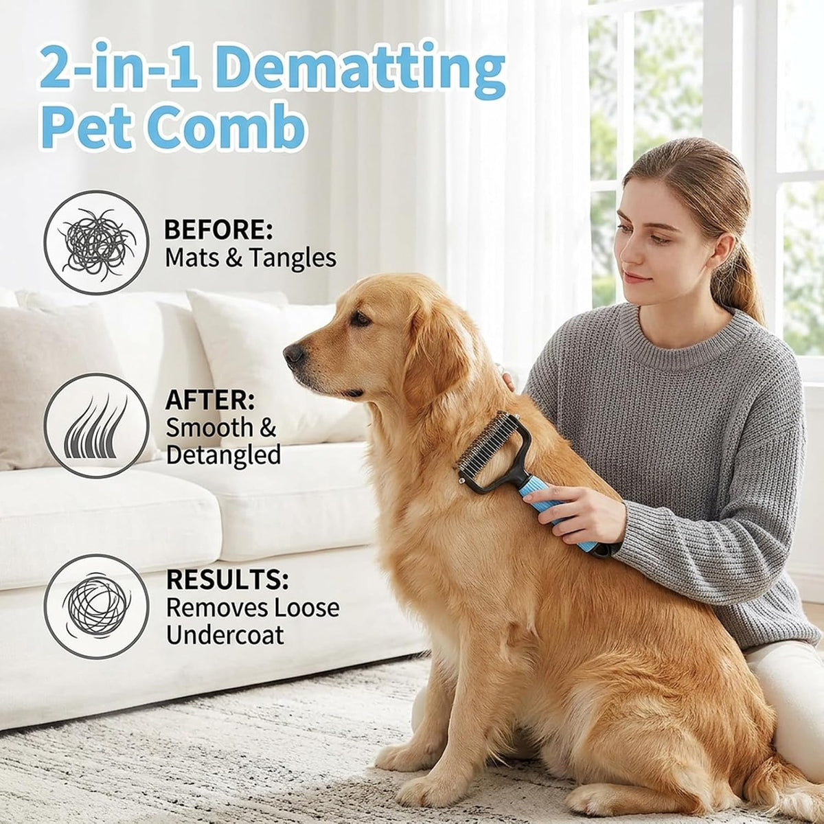 Detangler Brush, Pet Pro Grooming Tool, 2 PCS Blue Large & Pink Small Double Sided Undercoat Rake & Dematting Comb For Dogs And Cats, Dog Grooming Brush for Matted Fur, for Medium Or Long Haired Breed