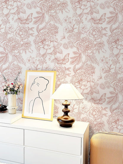 Floral Peel and Stick Wallpaper Pink and White Contact Paper Boho Wallpaper for Bedroom Peony Wall Paper for Bathroom Removable Self Adhesive Vinyl Rolls 17.3''×78.7''