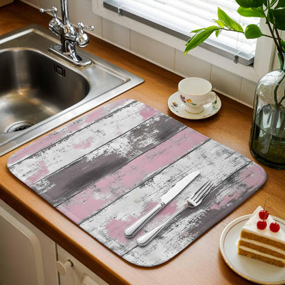 Dish Drying Mat Pink White Stripes Painting Kitchen Counter Drying Pad for Dishes Glasses Cups and Cookware Brown Wood Grain Absorbent Dish Drying Mat Machine Washable Kitchen Accessories 18" x 24"