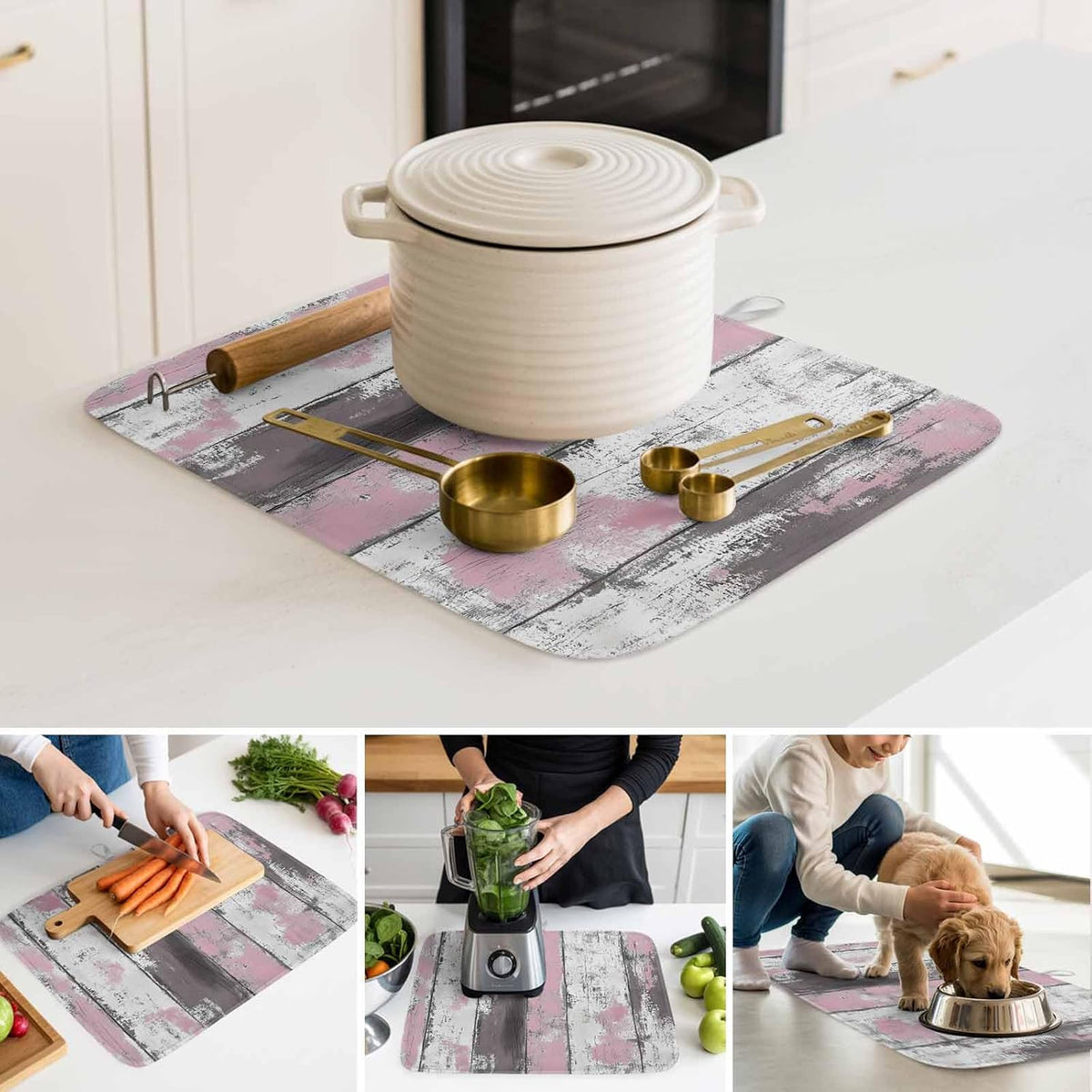 Dish Drying Mat Pink White Stripes Painting Kitchen Counter Drying Pad for Dishes Glasses Cups and Cookware Brown Wood Grain Absorbent Dish Drying Mat Machine Washable Kitchen Accessories 18" x 24"