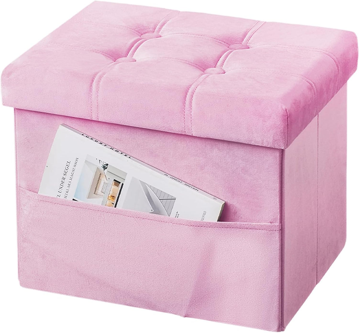 Storage with Ottoman, 17" Velvet Folding Foot Stool, Pink