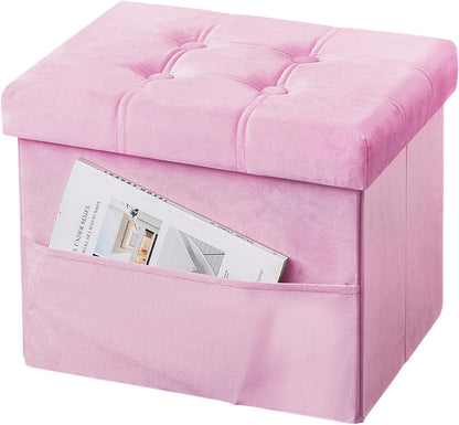 Storage with Ottoman, 17" Velvet Folding Foot Stool, Pink