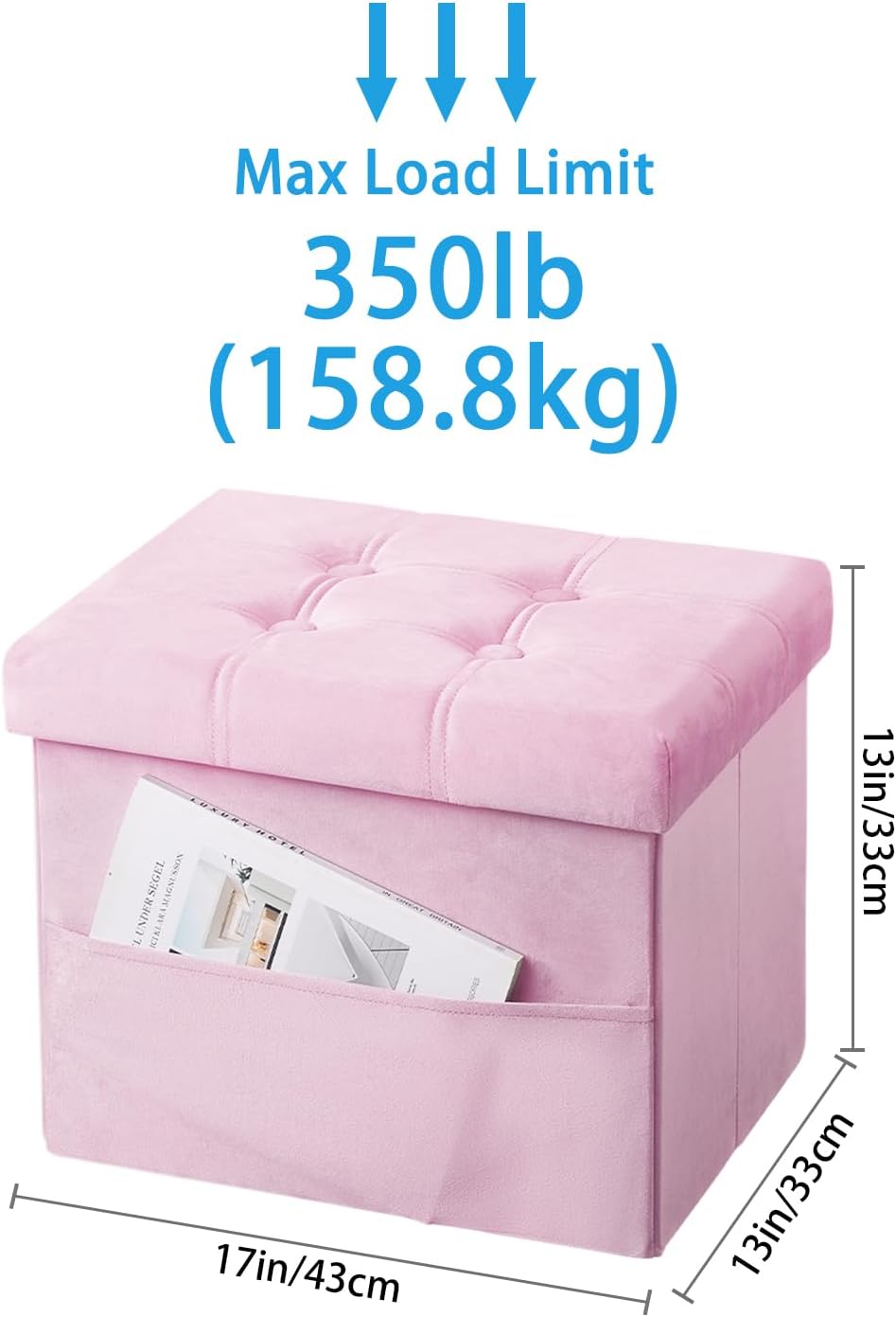 Storage with Ottoman, 17" Velvet Folding Foot Stool, Pink