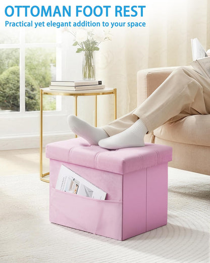 Storage with Ottoman, 17" Velvet Folding Foot Stool, Pink