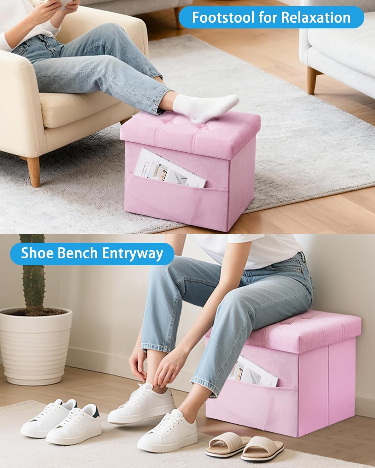Storage with Ottoman, 17" Velvet Folding Foot Stool, Pink